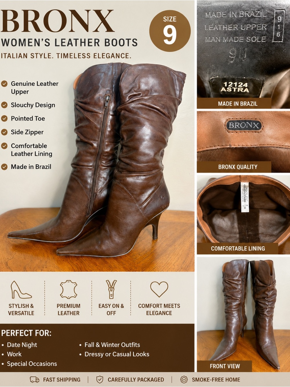 Bronx Brown Pointed-Toe Slouchy Leather Mid-Calf Boots